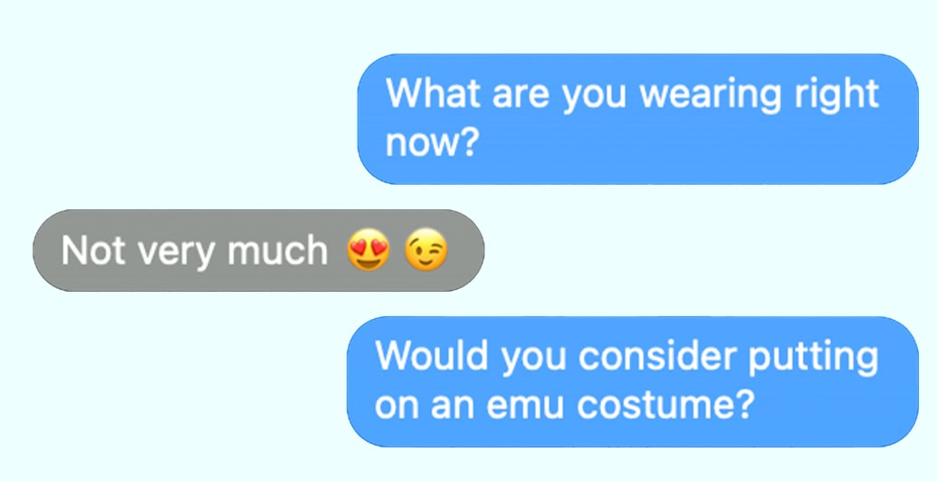 RFK: What are you wearing right now?  NUZZI: Not very much [HEART FACE EMOJI, WINKY FACE EMOJI]  Would you consider putting on an emu costume?